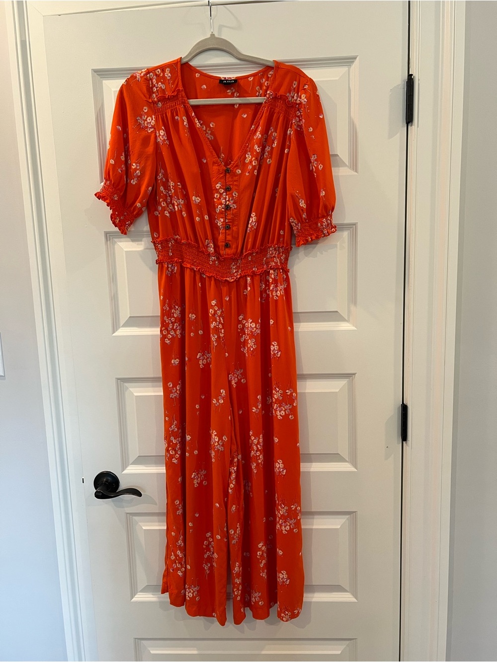 a.n.a Coral Orange Floral Wide Leg Jumpsuit Smocked Waist Boho - Picture 7 of 8